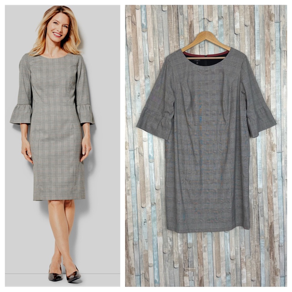 Talbots 16W Glen Plaid Sheath Dress Bell Sleeve Career Houndstooth Suiting $169